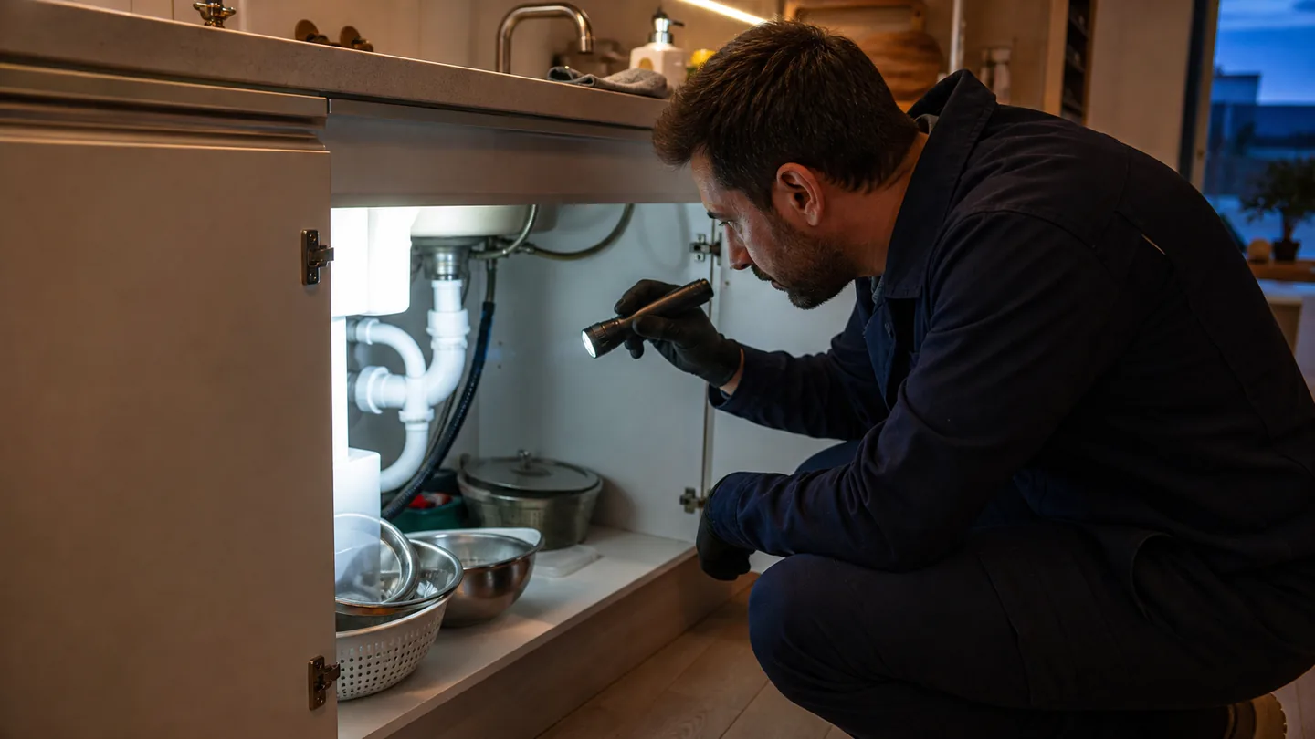 Técnico revisando el origen de cucarachas en una cocina de Viladecans